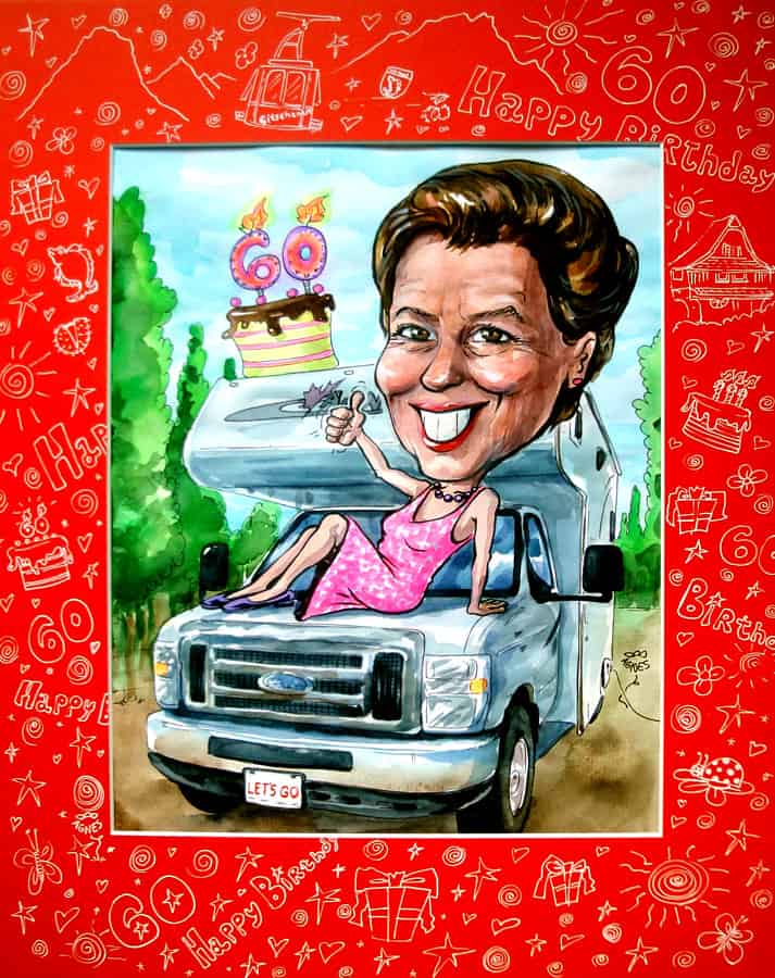 Portraetzeichnung 60 Jahre, Wohnmobil, Kuchen, Happy Birthday, Frau