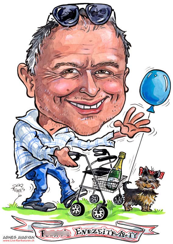 Einladung Flyer Pensionierung Party Endzeitparty Rollator Hund Yorkshire Terrier Mann blauer Ballon lustig humorvoll