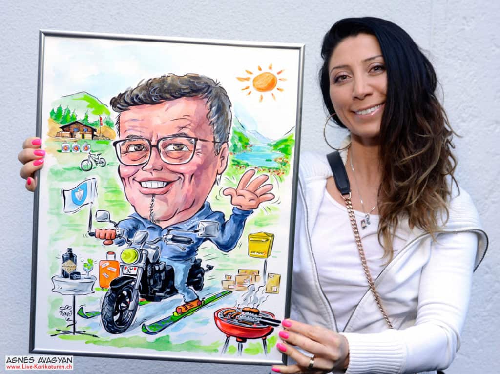 Cartoon Porträt Gemaelde malen ab Foto, Mann Brille, Hobbys Motorrad Grill Ski Natur, Obwalden, Post