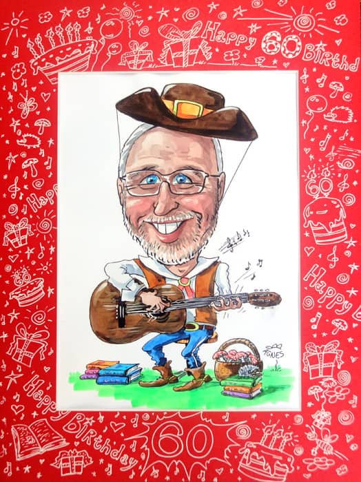 60 Jahre Geburtstag Geschenkidee Portraet ab Foto malen, Gitarre, Cowboyhut, Mann, Musik, lustig